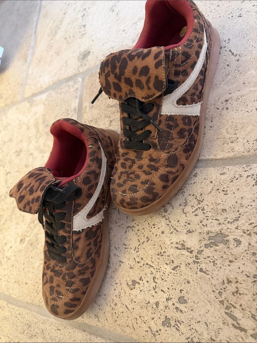 Kids Leopard Print Velcro Sneakers in Brown with Red Lining